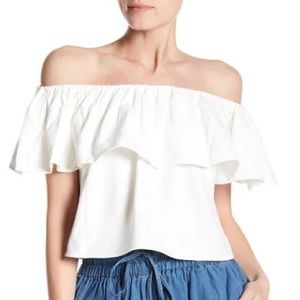 🆕 Bishop + Young | Women's White Ruffled Off-Shoulder Crop Casual Top Size L